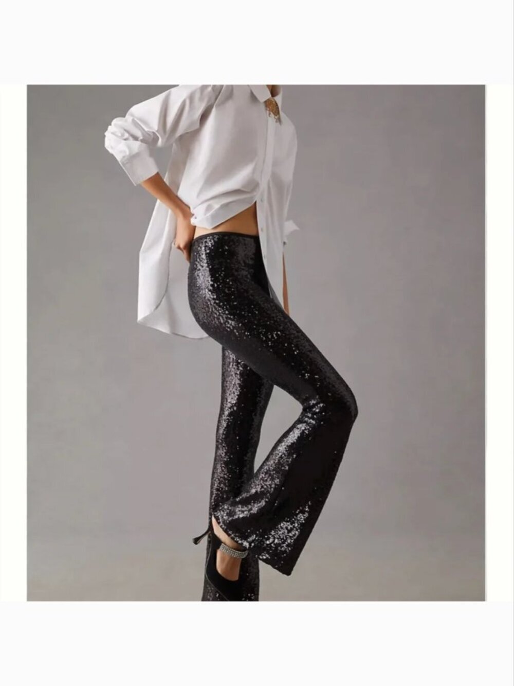 New Anthropologie Joni Allover Sequin 6P Black Metallic Flare Leg HighRise Pants
